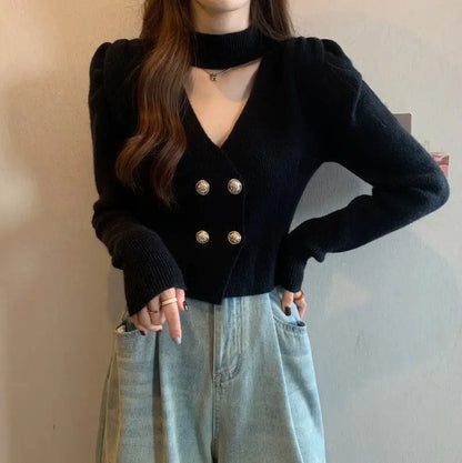 Elegant V-Neck Bubble Sleeve Knitwear Short Top Fashion Trend Neck Hanging Style Girl's French Style Slim Fit Long Sleeve Autumn