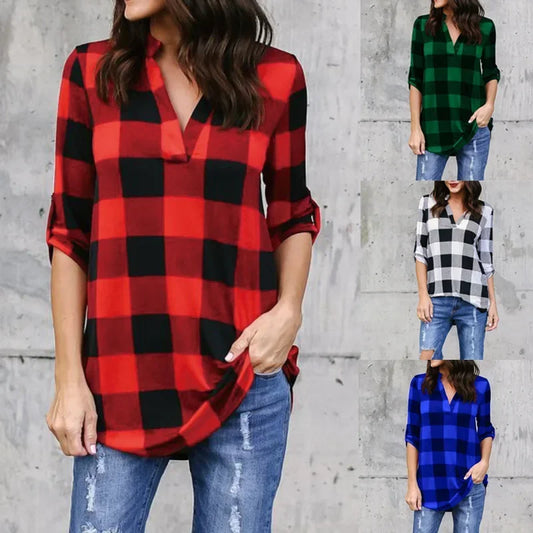 Fashion Plaid V-neck T-Shirt Woman Top Summer T Shirt Women Clothes  Ladies Tops Casual Beach Sun Blusas