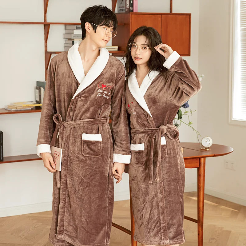 Thickened Coral Fleece Robe Long Home Wear for Men And Women Winter Warm Sleepwear Couple Matching Pajamas Velvet Fabric