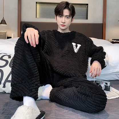 Thickened Warm Sleepwear for Winter Coral Velvet Autumn and Winter Men Flannel Loungewear Large Size 2 Piece Set Homewear