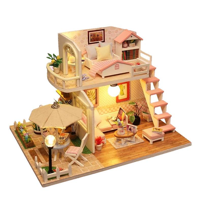 DIY Wooden Building Model Kits Wooden Miniature Doll House Assembled DollHouses Home Decoration Toys For Birthday Gifts