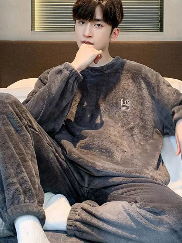 Men's Warm Coral Fleece Pajamas Winter Set Spring Autumn Winter Style Oversize Loose Fit Home Clothes Teenager Comfortable Sl...