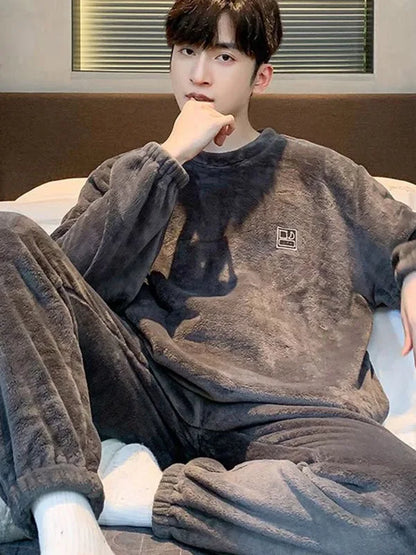 Men's Warm Coral Fleece Pajamas Winter Set Spring Autumn Winter Style Oversize Loose Fit Home Clothes Teenager Comfortable Sl...
