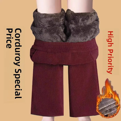 Thickened Fleece Lined Corduroy Straight Leg Casual Pants Women's High Waist Elastic Waist Warm Trousers Autumn Winter New Style