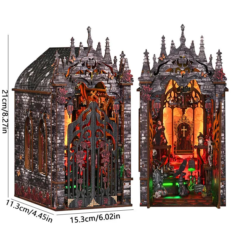 Gothic Miniature Book Nook Kit DIY Wooden Doll House with Furniture Handmade Ornament Home Decor Gift for Bedroom StudyBookshelf