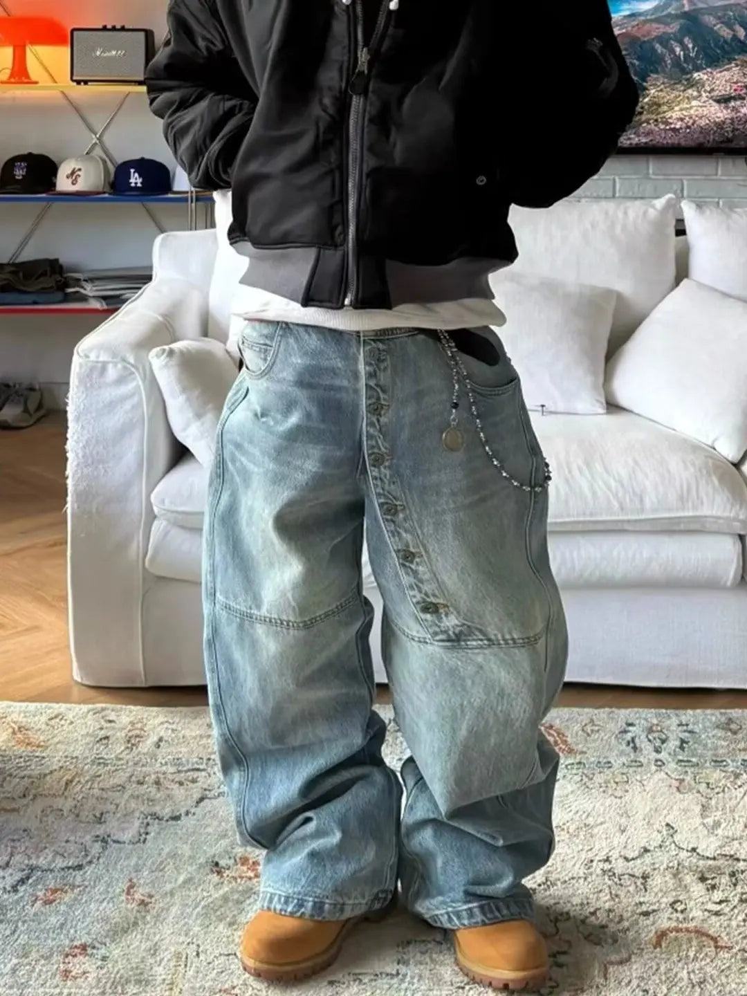American Retro Long Row Button Design Jeans Loose Wide Leg Floor-Length Trousers for Men And Women High Street Fashion