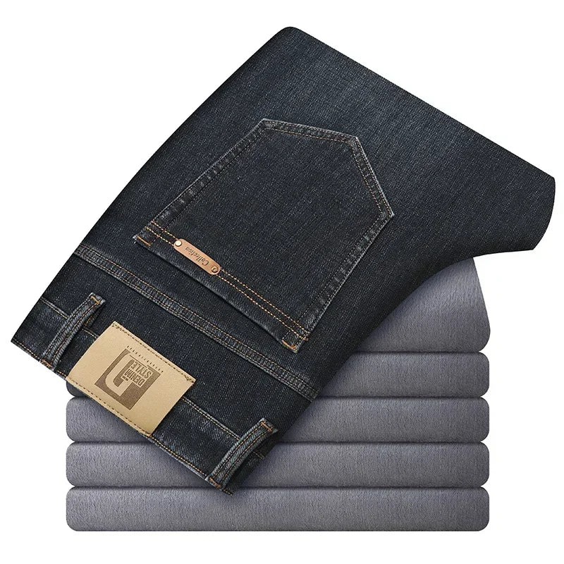 Winter Classic Men's Warm Fleece Straight Leg Jeans Business Casual Twill Cotton Stretch Padded Denim Pants Male Brand Trousers
