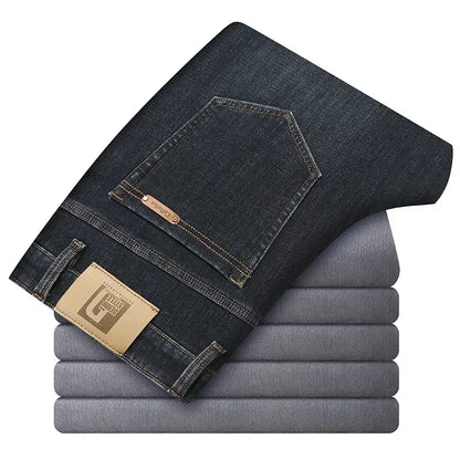 Winter Classic Men's Warm Fleece Straight Leg Jeans Business Casual Twill Cotton Stretch Padded Denim Pants Male Brand Trousers