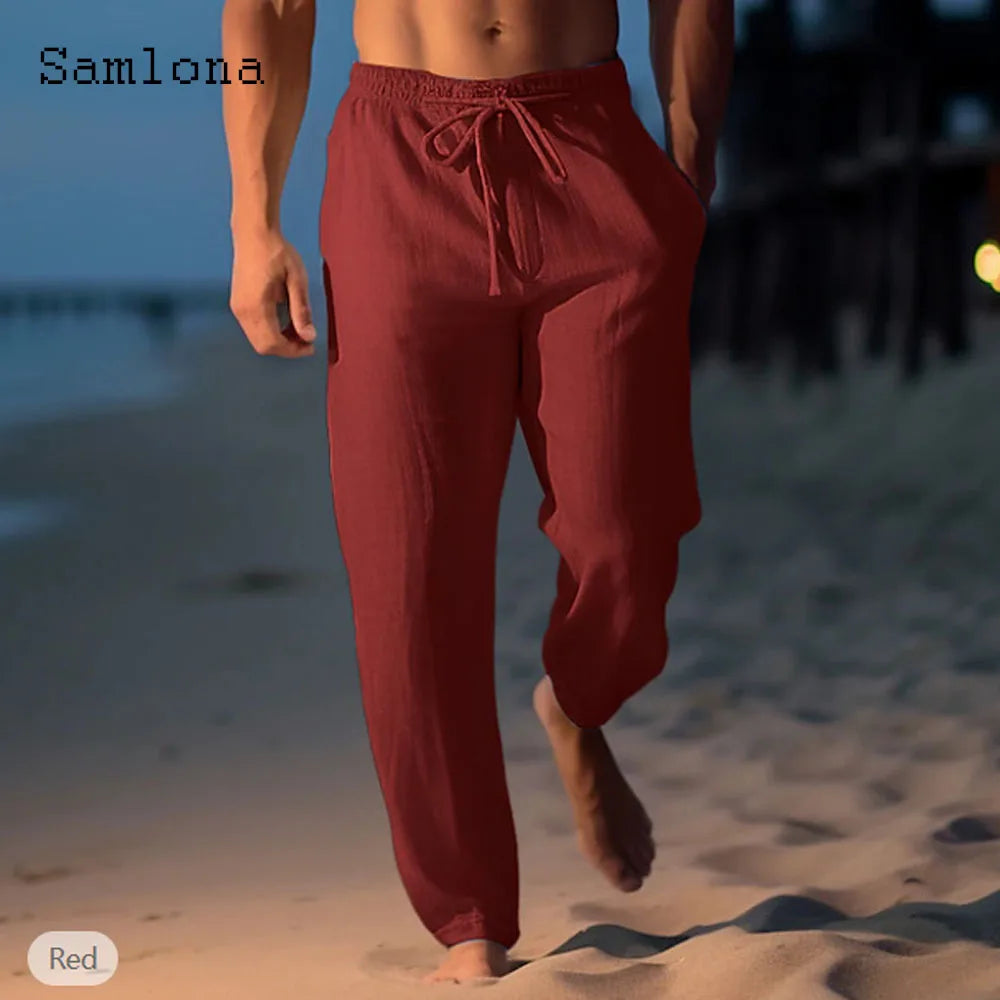 2026 new fashionable casual cotton and linen pants, solid color and ankle pants, plus size men's drawstring casual sports pants