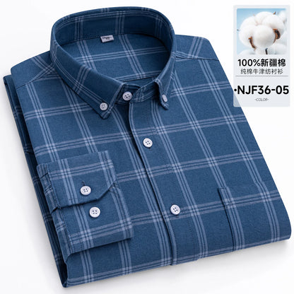 New in Tops Pure Cotton Oxford Plaid Striped Shirts For Men Long Sleeve Classic Business Formal Slim Fit Casual Designer Clothes