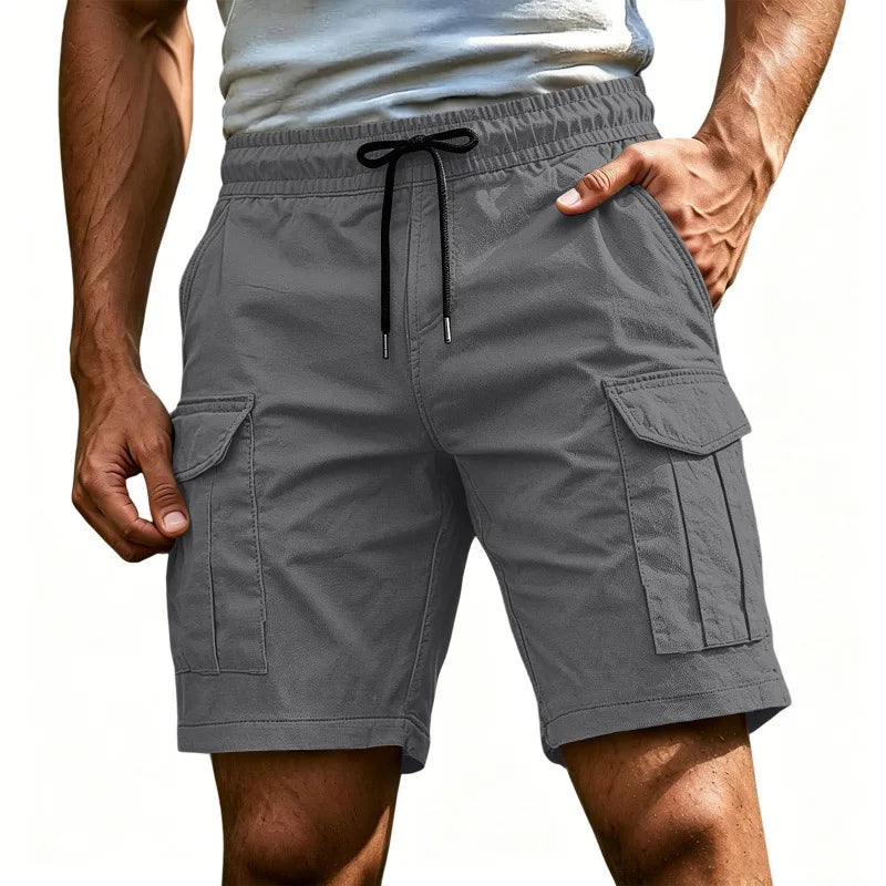 Men Solid Color Drawstring Cargo Shorts Elastic Waist Multi Pocket Loose Casual Summer Beach Short Pants