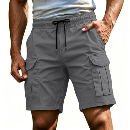 Men Solid Color Drawstring Cargo Shorts Elastic Waist Multi Pocket Loose Casual Summer Beach Short Pants