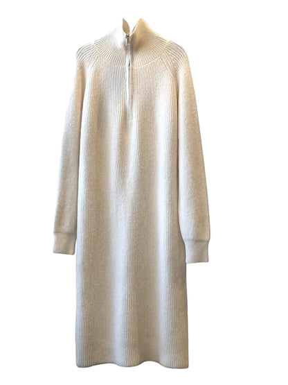 Thickened Long Sleeve Knitted Dress Zipper Collar Women's Autumn Winter Retro Long High Collar Sweater Dress Straight Tube Ba...