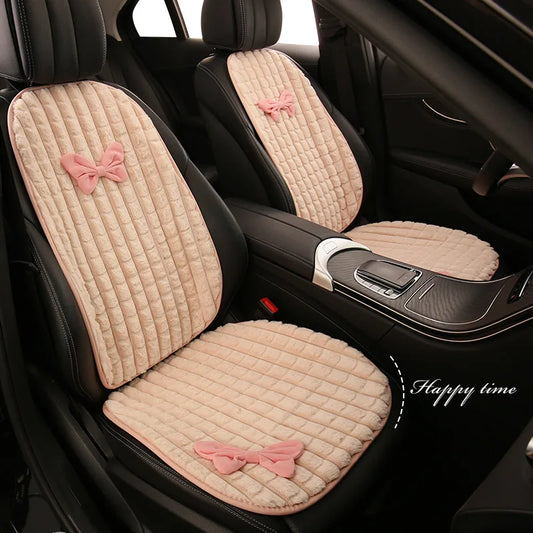Bowknot Women's Car Seat Cover Winter Plush Warm Girl Cute Car Cushion Pink Bow Headrest Waist Car Interior Accessories