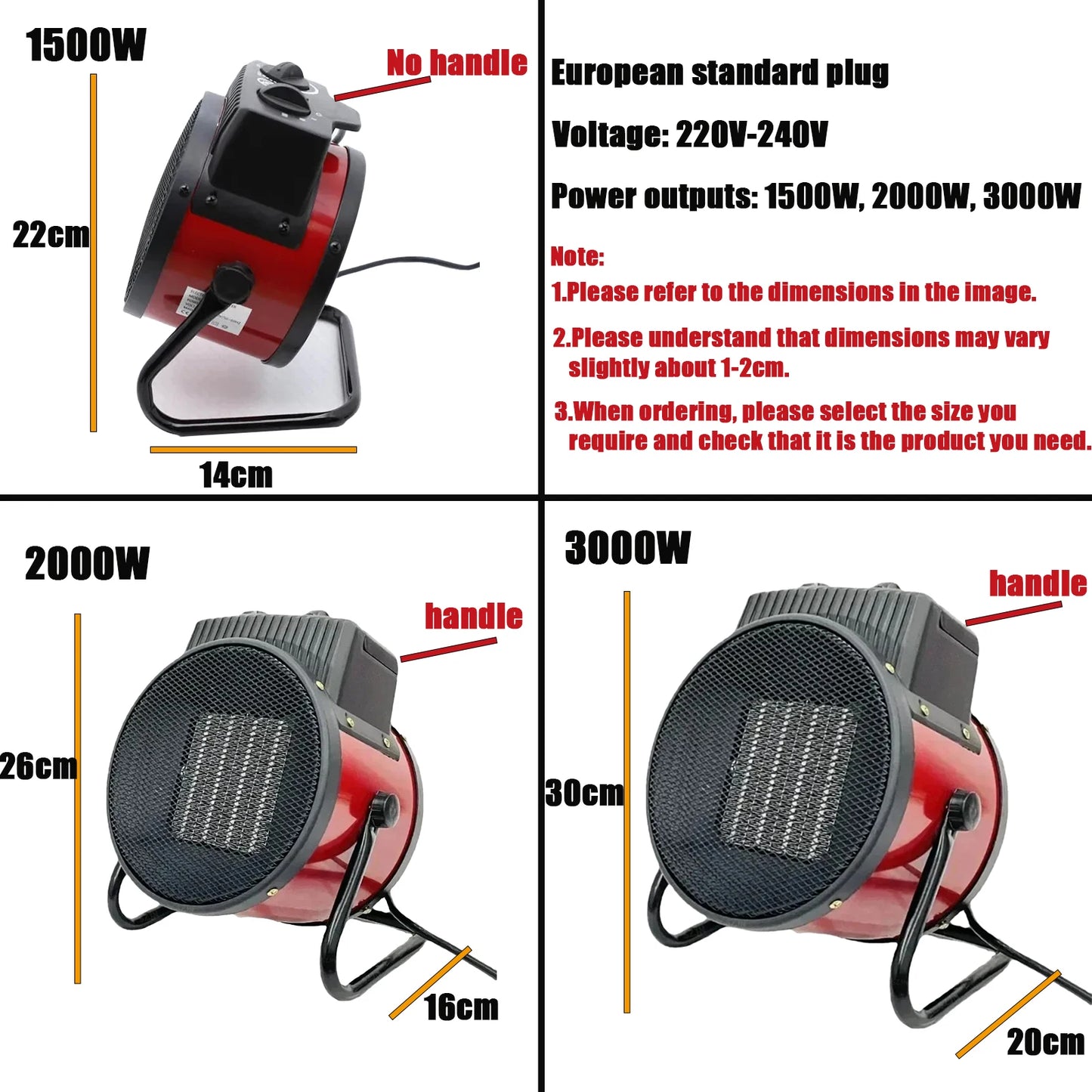 3000W Portable Industrial Electric Heater Thermostat Air Warmer Fast Heat 3 Gear Adjust Overheat Protection 1.5kw/2kw/3kw EN
