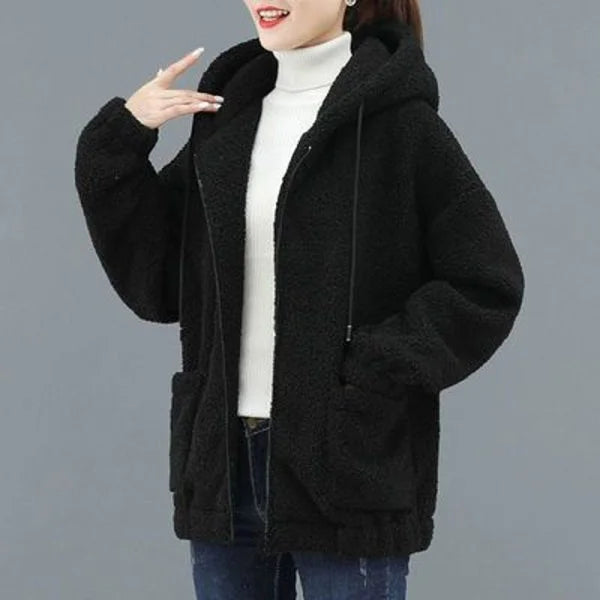 Lamb Velvet Jacket with Hood Women's Fleece Lined Thickened Sweatshirt Casual Top Pure Color Versatile Long Sleeve Regular Le...
