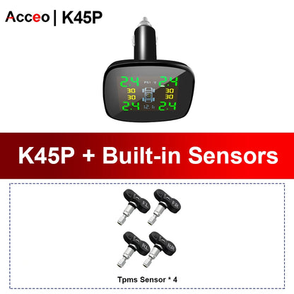 ACCEO TPMS Wireless Cigarette Lighter Tire Pressure Monitoring System USB Output Tire Pressure Monitor Temperature/Tire Warning