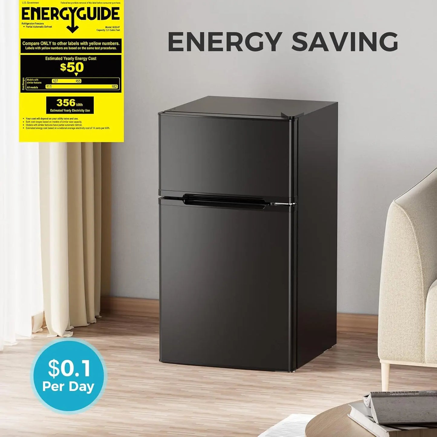 3.2 Cu.Ft Fridge with Freezer, Double Door Compact Fridge for Bedroom, Adjustable Thermostat, Energy