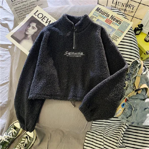 Autumn Winter Fleece Lined Half Zip up Stand Collar Sweatshirt Women's Loose Short Style Lamb Velvet Student Top Coat