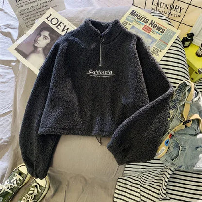 Autumn Winter Fleece Lined Half Zip up Stand Collar Sweatshirt Women's Loose Short Style Lamb Velvet Student Top Coat