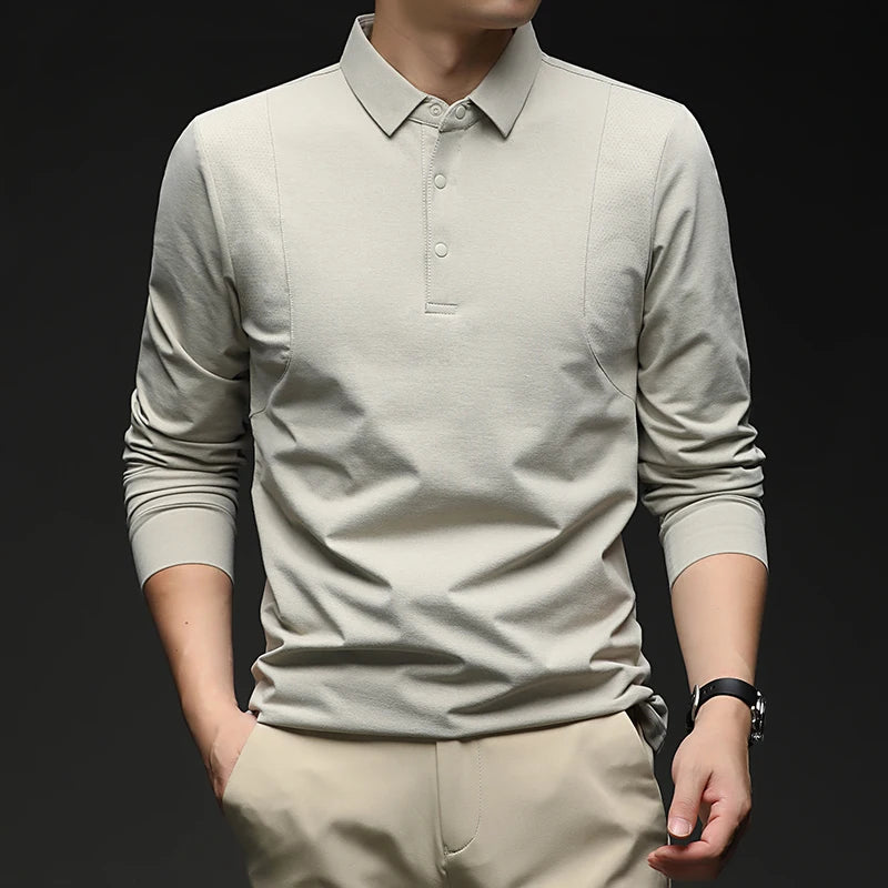 High-end 2026 New Polo Shirt for Men's Top Versatile Casual Business Style Solid Color Long-sleeved Lapel T-shirt Lapel  Shirt