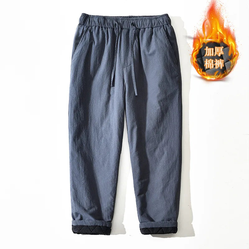 Men's Winter Thickened Cotton Linen Casual Pants Loose Fit Thermal Long Trousers Traditional Chinese Style Warm Cotton Padded