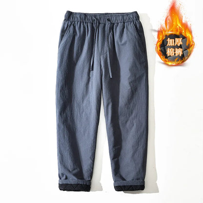 Men's Winter Thickened Cotton Linen Casual Pants Loose Fit Thermal Long Trousers Traditional Chinese Style Warm Cotton Padded