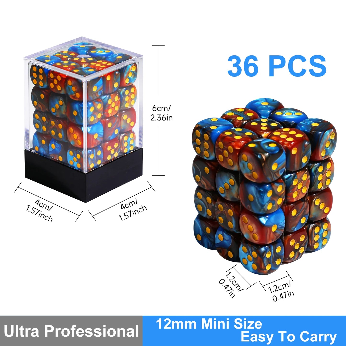 36Pcs 12mm D6 Double Color Glitter Dice for RPG Board Games Tabletop DND Accessories Family Board Games Gift with Storage Box