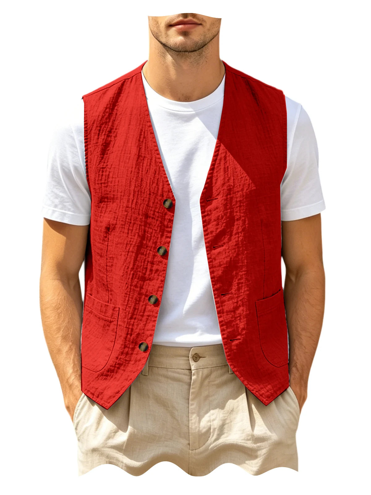 Men's Casual Linen Vest V-Neck Sleeveless Waistcoat Summer Lightweight Breathable Solid Color Button Up Vest For Daily Vacation