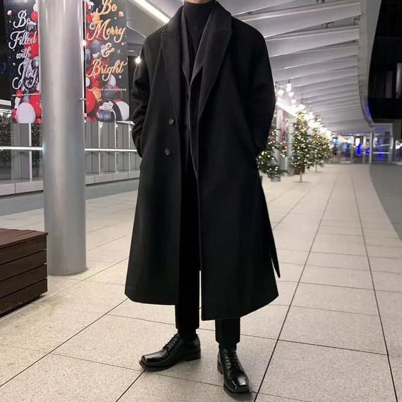 Lapel Men's Long Woolen Coat, Korean Midi-length Trench Coats, Solid Color Classsic Mans Winter Jacket