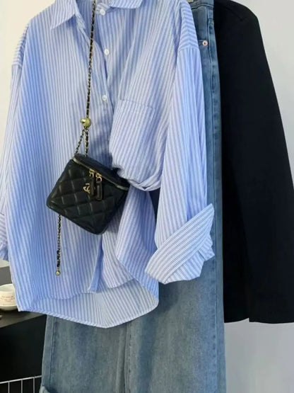 Retro Lazy Sle Blue Striped Women's Long Sve irt Spring Autumn Design Sense Small ence Outerwear Blouse