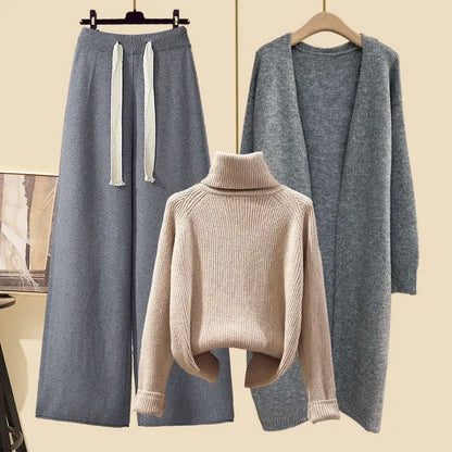 Fashionable Knitted Three-Piece Set Women's Autumn New Lazy Style Open Cardigan Outerwear Slimming Wide Leg Pants