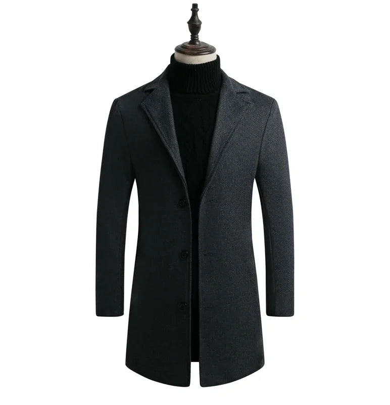 2025Spring Autumn New Long Cotton Coat New Wool Blend Pure Color Casual Business Fashion Men's Clothing Slim Windbreaker Jacket