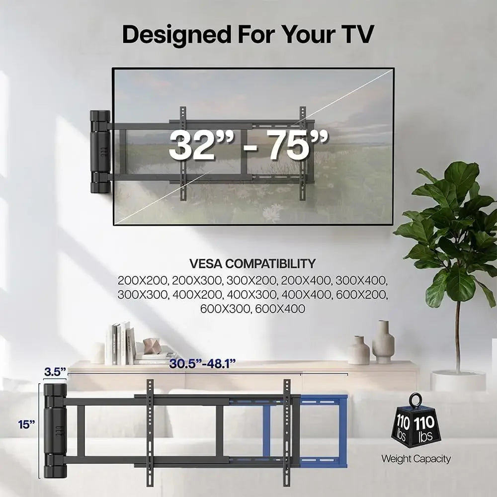 Steel Low Profile Electric TV Wall Mount for 32 to 75 inch LCD LED Plasma Screens, Motorized Swing TV Bracket with 90 Degree Swi