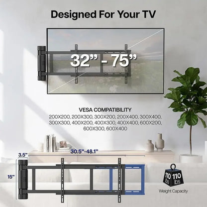 Steel Low Profile Electric TV Wall Mount for 32 to 75 inch LCD LED Plasma Screens, Motorized Swing TV Bracket with 90 Degree Swi