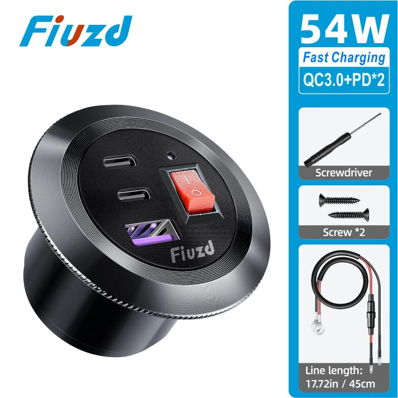 Car Charger Socket PD3.0 & QC3.0 Double USB C Ports with LED Switch 54W Fast Charging 12V/24V For Moto Adapter