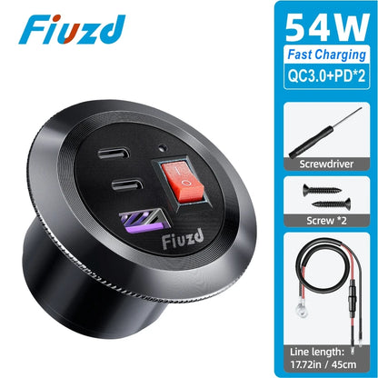 Car Charger Socket PD3.0 & QC3.0 Double USB C Ports with LED Switch 54W Fast Charging 12V/24V For Moto Adapter