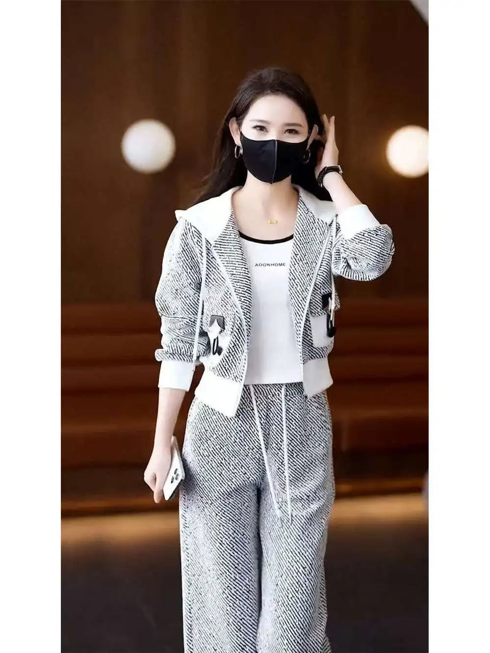 Brand Women's Autumn Sweater Jacket Wide Leg Pants Two-Piece Set Korean Style Loose Fit Long Sleeve Zipper Closure Fashion En...