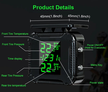 Powstation TPMS Wireless Motorcycle Tire Pressure Monitoring System Solar Charge Tyre Temperature Alarm System Colorful Display