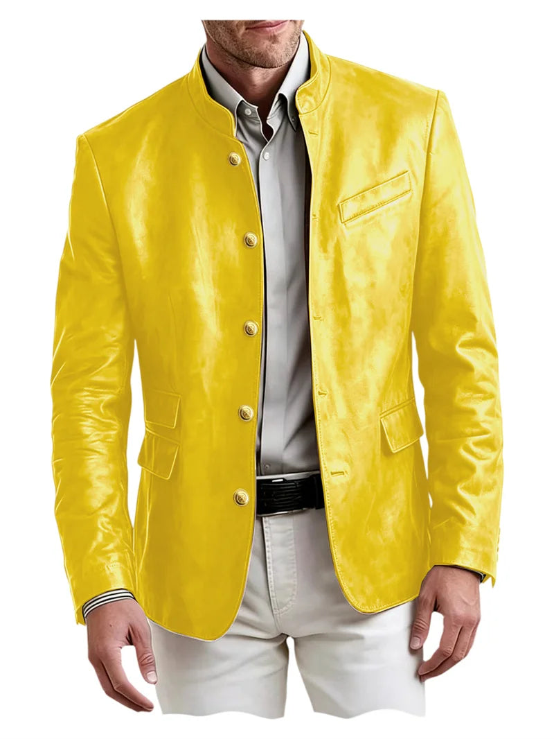 Men's Stand Collar Leather Blazer Slim Fit Single Breasted Golden Metal Buttons Multi Pocket Coat For Business Wedding Daily