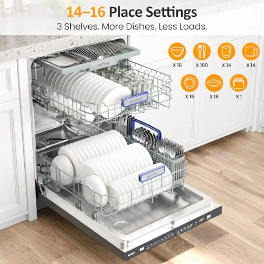 Built-in Dishwasher 24, 14-16 Place Settings Large Capacity Dish Washer, Stainless Steel Dishwasher Machine with Adjustable Rac