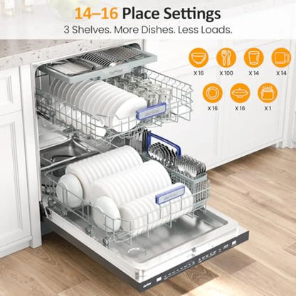 Built-in Dishwasher 24, 14-16 Place Settings Large Capacity Dish Washer, Stainless Steel Dishwasher Machine with Adjustable Rac