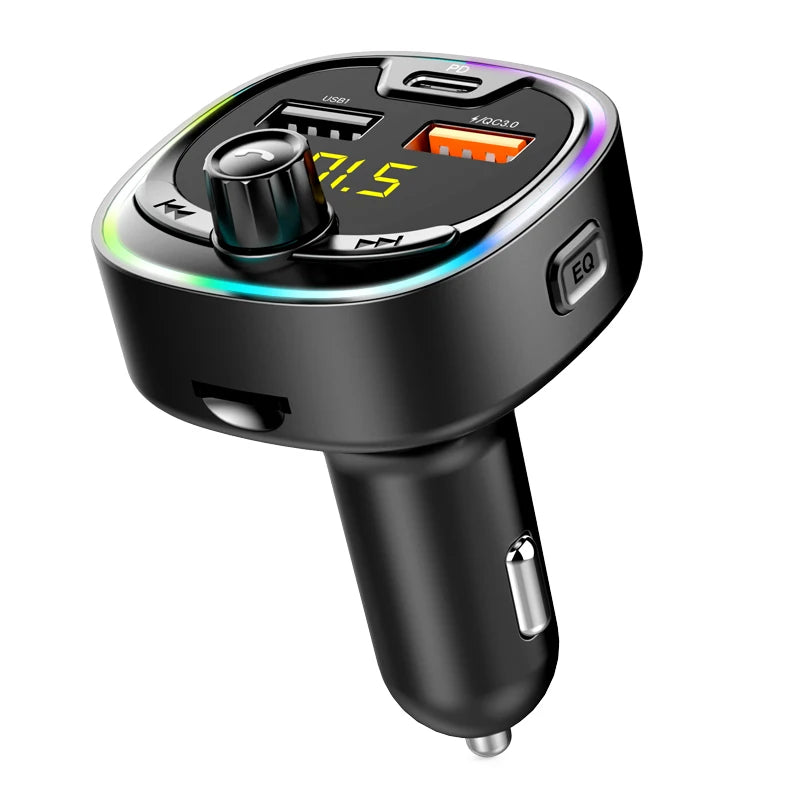 Car FM transmitter, wireless 5.0 QC3.0 & PD 18W USB-C car charger, RGB backlit car receiver, supports hands-free calls, Siri Goo