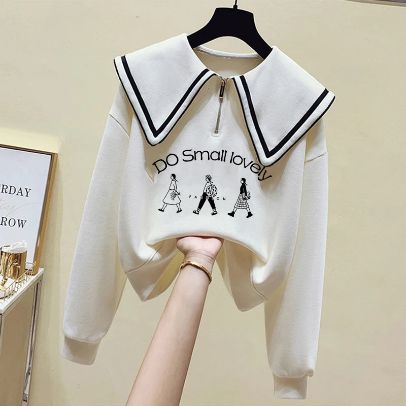 Teenage Girl's Fleece Lined Thickened Navy Collar Sweatshirt Small Size Winter Fashionable Clothing School Sweet Style Zipper