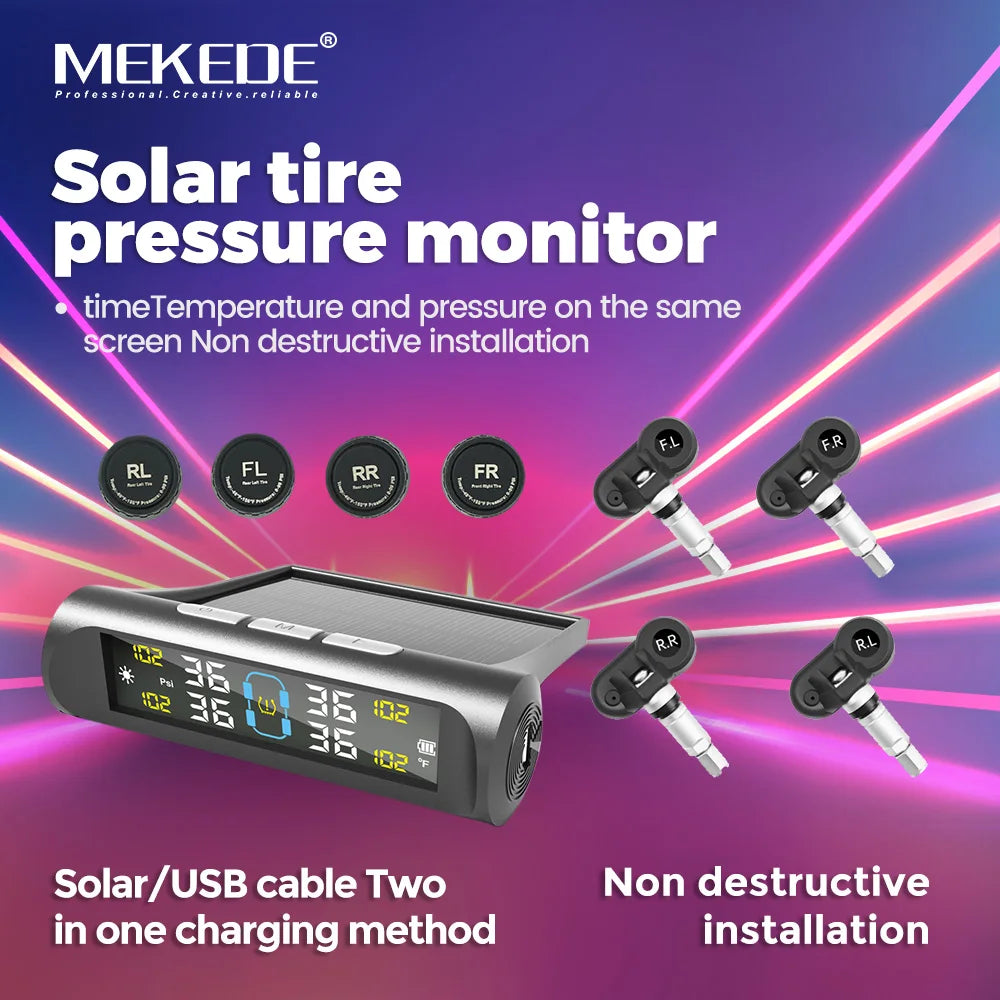 MEKEDE TPMS Solar/USB Powered 4pcs Sensors Car Tire Pressure Monitoring System Car Tyre Pressure Monitor Tyre Pressure Alarm