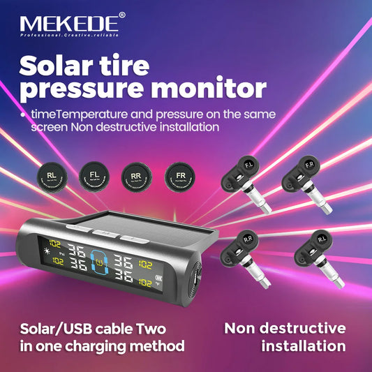 MEKEDE TPMS Solar/USB Powered 4pcs Sensors Car Tire Pressure Monitoring System Car Tyre Pressure Monitor Tyre Pressure Alarm