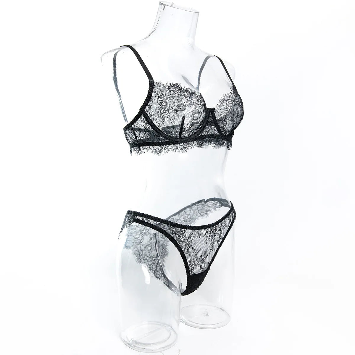 Ellolace Solid Women's Lingerie Sets Elegant Eyelash Lace Bra Panty 2PC Seductive See Through Intimate Willowy Sexy Underwear