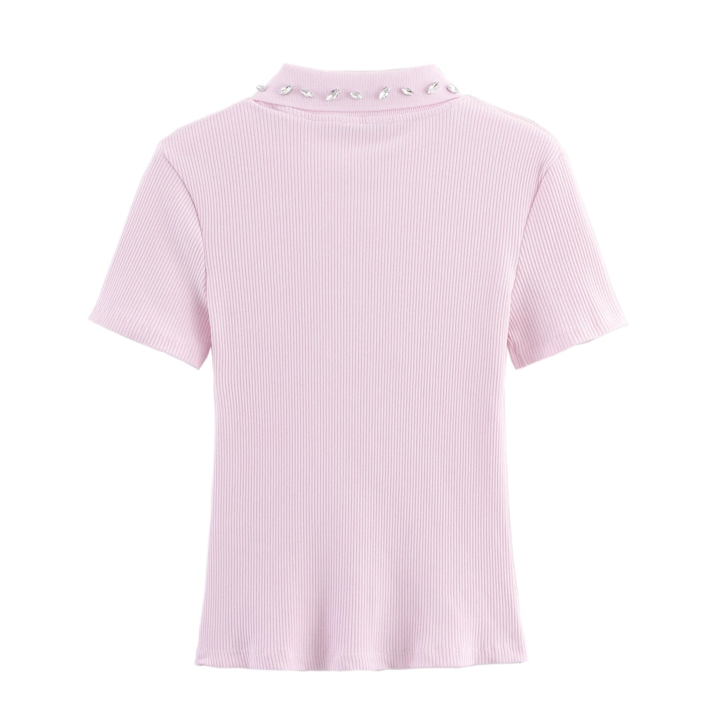 Retro American Diamond Embedded Short Sleeve Knitted T-shirt Women's Sweet Anti-aging Top Jewelry Collar Turn-down Collar