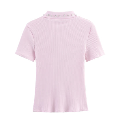 Retro American Diamond Embedded Short Sleeve Knitted T-shirt Women's Sweet Anti-aging Top Jewelry Collar Turn-down Collar