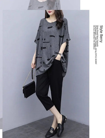 plus Size Summer Outfit Women's Batwing Sleeve Cover Belly Top And Seven Inch Pants Two Piece Set Fashionable plus Size Ensemble